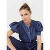 Women's Scallop Mao Neck Shirt, Deep Blue - Shirts - 3