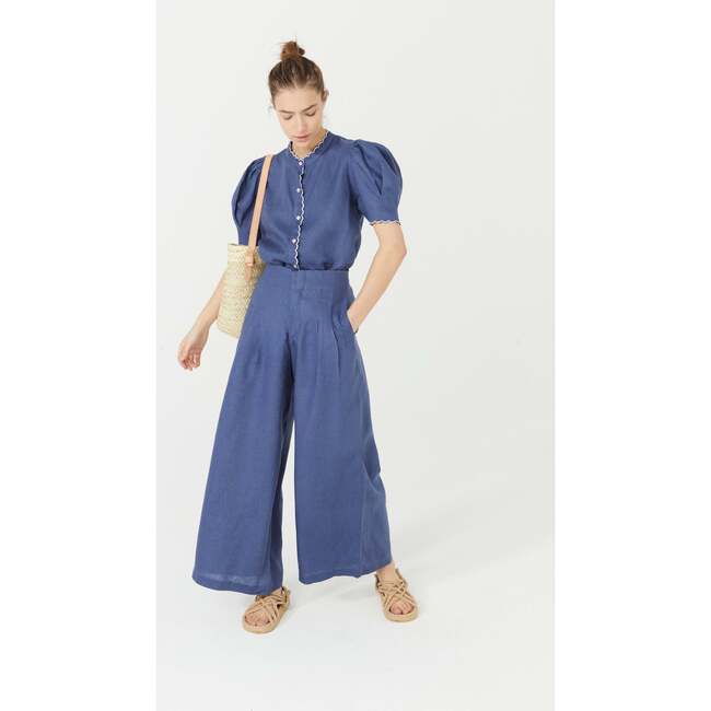 Women's Culotte High Waist Pleated Wide Pants, Deep Blue - Pants - 4