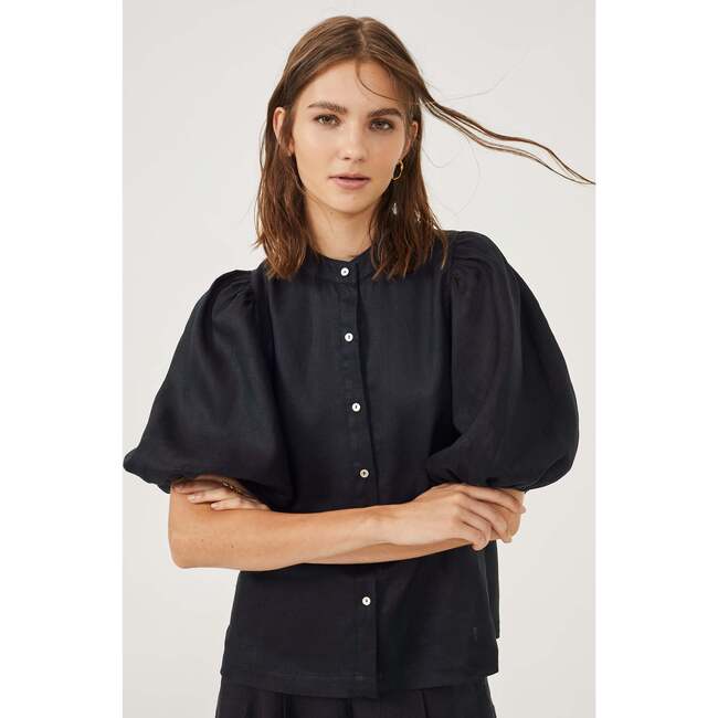 Women's Bubble Mao Neck Balloon Sleeve Shirt, Black - Shirts - 4