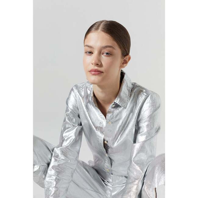 Women's San Marino Metallic Print Long Sleeve Shirt, Silver - Shirts - 6