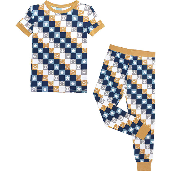 Happy Daze Blue Bamboo Short Sleeve Kids Pajama Pants Set, Multi