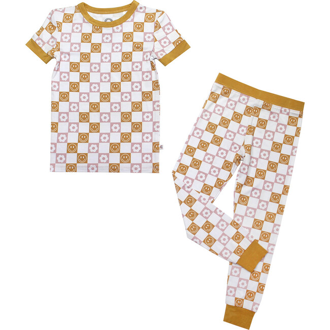 Happy Daze Pink Bamboo Short Sleeve Kids Pajama Pants Set, Multi