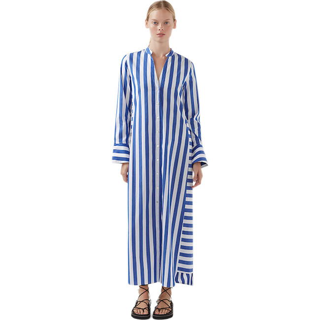 Women's Jude V-Neck Split Cuff Shirt Dress, Aegean Stripe - Dresses - 1