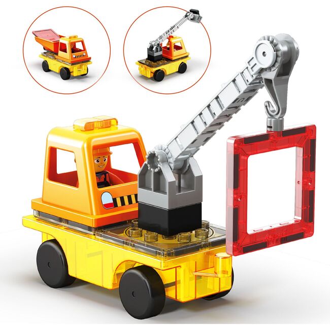 Magnet Tile Building Blocks 3-in-1 Crane, Dump Truck, and Ladder Construction Vehicle