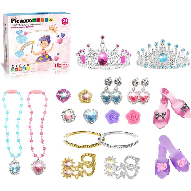 Kids 24 Piece Fairytale Royal Princess Dress Up - Pretend Play Tiara, Jewelry Boutique, Shoes & Fashion Accessories