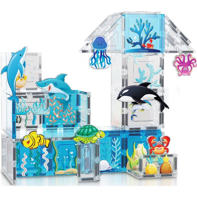Magnet Tile Building Blocks Aquarium Marine Animal Theme Set with 8 Character Action Figures