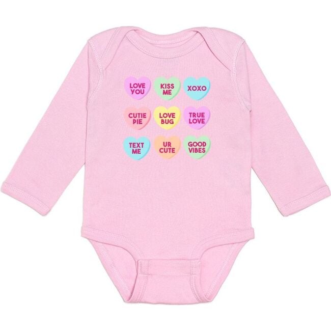 Candy Hearts Valentine's Day Long Sleeve Bodysuit, Pink