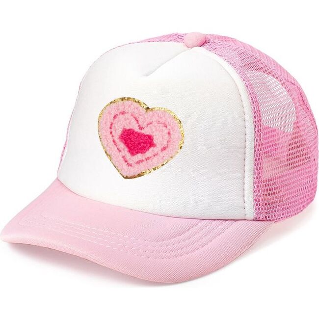 Multi Heart Patch Trucker Hat, Pink/White