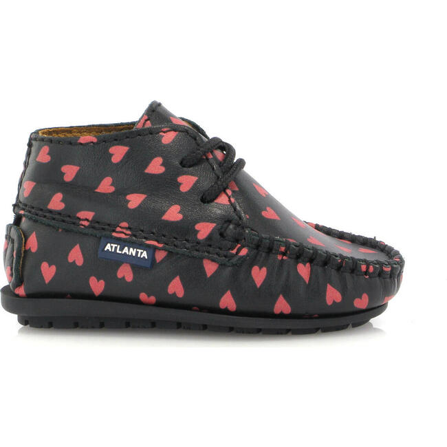 Smooth Leather Moccasin Boots, Black with Red Hearts Print
