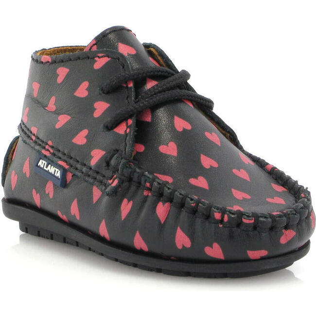 Smooth Leather Moccasin Boots, Black with Red Hearts Print - Boots - 2