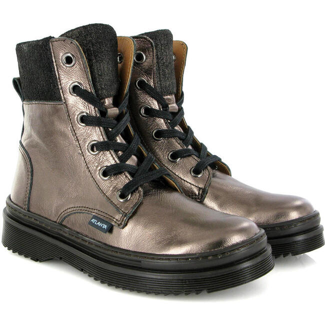 Lace Up Leather Boots, Grey Schist Metallic - Boots - 3