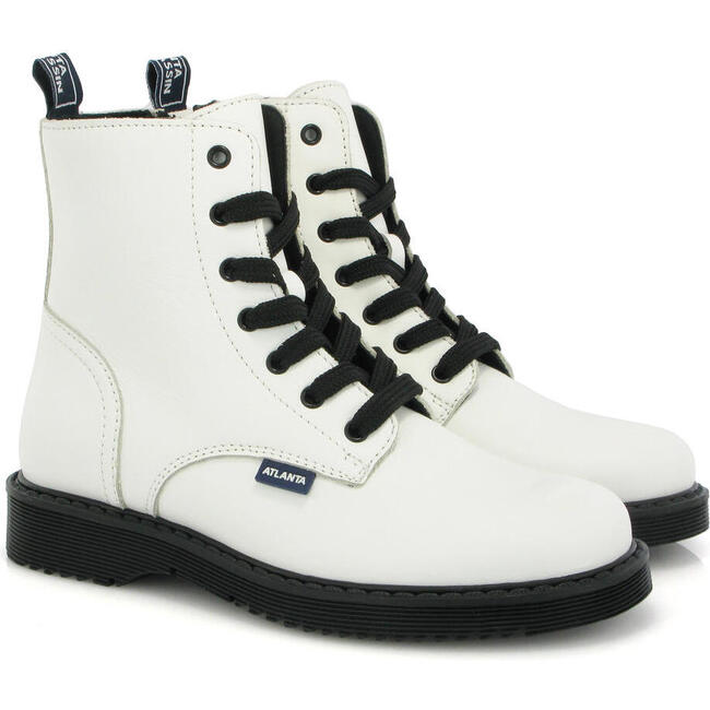 White Leather Lace Up Boots, Black Lacing - Boots - 3