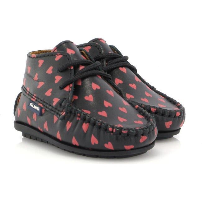 Smooth Leather Moccasin Boots, Black with Red Hearts Print - Boots - 3