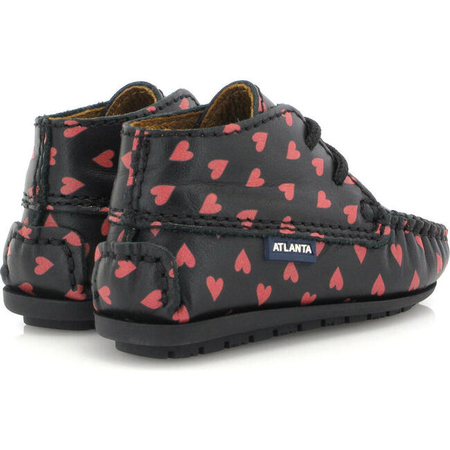 Smooth Leather Moccasin Boots, Black with Red Hearts Print - Boots - 4