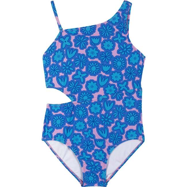 Blue Floral Print One-Shoulder Swimsuit