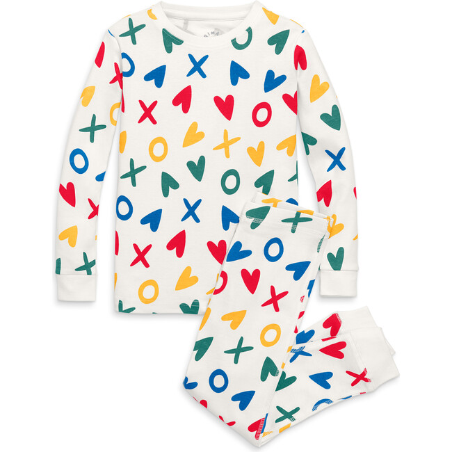 Organic PJ Set In Rainbow XOs, Ivory XO Hearts - Pajamas - 1