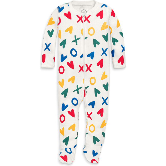 Organic Zip Footie In Rainbow XOs, Ivory XO Hearts - Footie Pajamas - 1