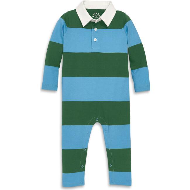 Baby Rugby Romper, Evergreen Cornflower Stripe - Rompers - 1