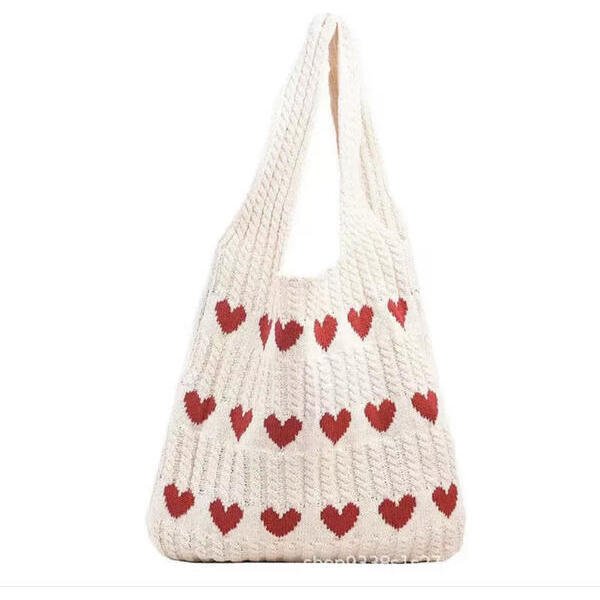 Knitted Heart Tote, Ivory & Red