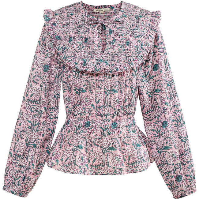 Women's Tie Neck Long Sleeve Smocked Blouse, Pink Floral