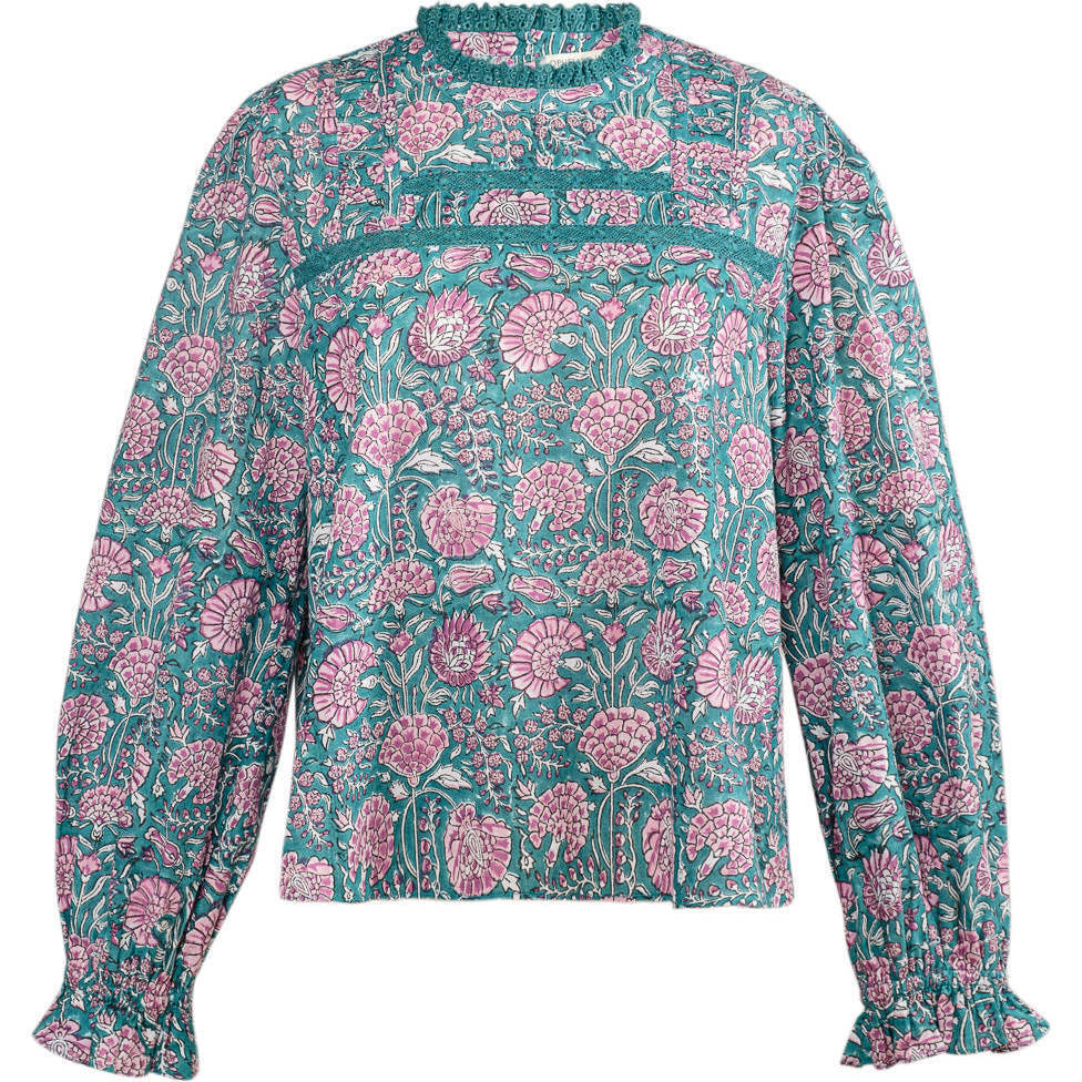 Women's Seersucker Long Sleeve Blouse, Green Floral - Blouses - 1
