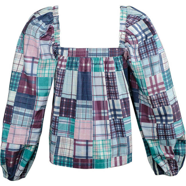 Women's Square Neck Oversized Puff Sleeve Blouse, Plaid - Blouses - 2