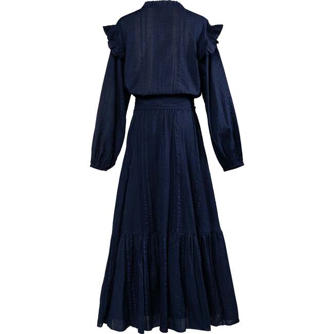 Women's Seersucker Maxi Dress With Removable Belt, Navy - Dresses - 2
