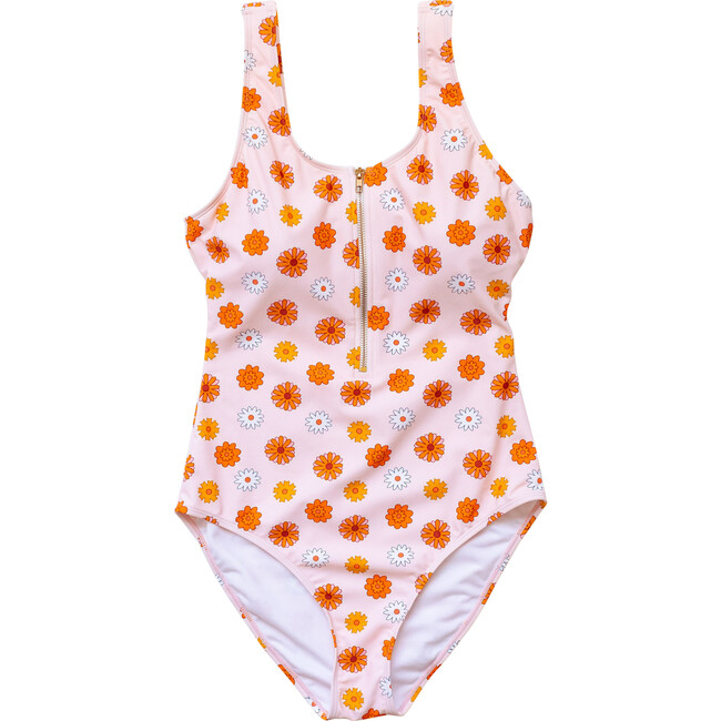 Women's Floral Print Zip-Up One-Piece Swimsuit, Yellow & Orange