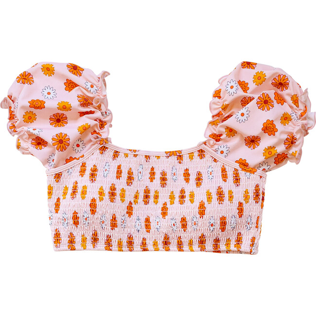Women's Floral Print Sleeved Bikini Top, Yellow & Orange