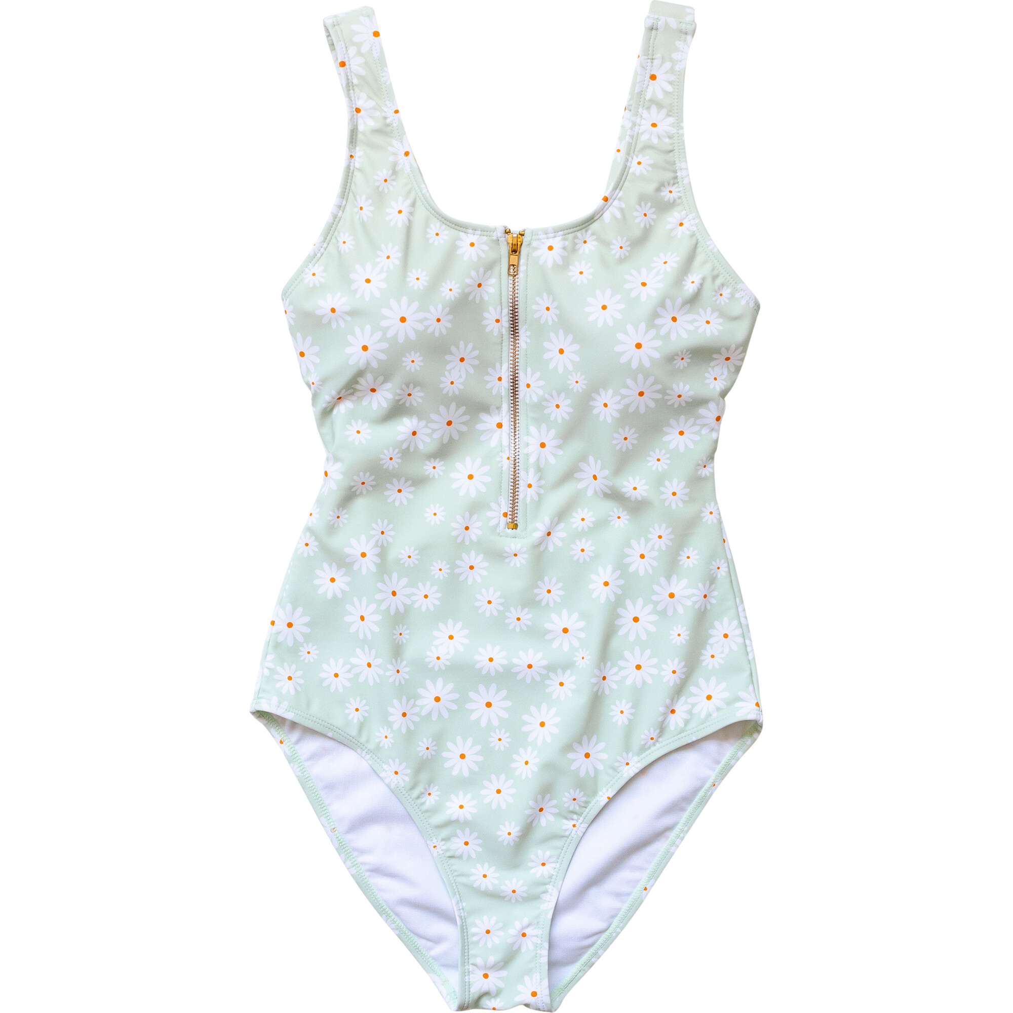 Women's Daisy Print Zip-Up One-Piece Swimsuit, Green - One Pieces - 1