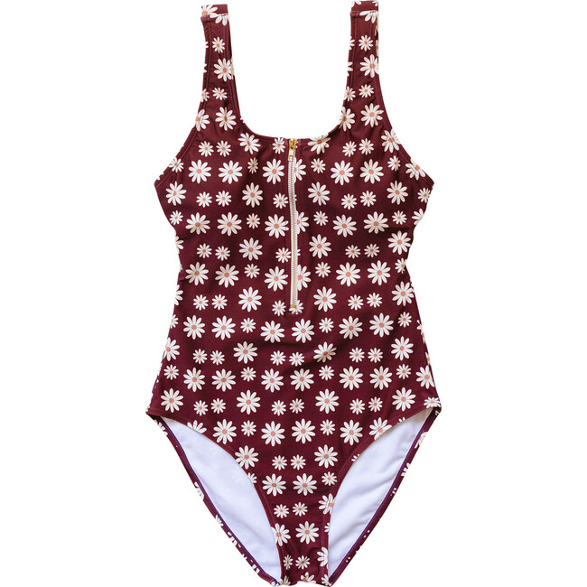 Women's Floral Print Zip-Up One-Piece Swimsuit, Warm Brown