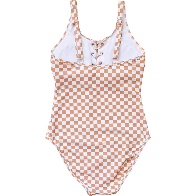 Women's Checkered Tie One-Piece Swimsuit, Tan - One Pieces - 3