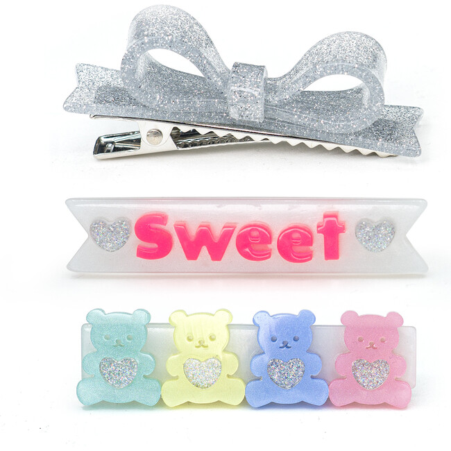 Sweet Bears And Bowtie Glitter Trio Hair Clips, Candy Colors (Set Of 3)