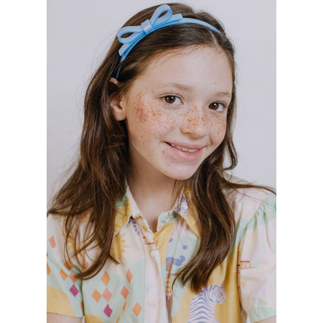 Thin Bow Headband, Satin Blue - Headbands - 2