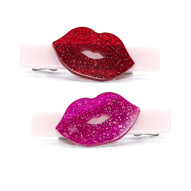 Kisses Glitter Alligator Hair Clips, Red & Pink (Set Of 2)