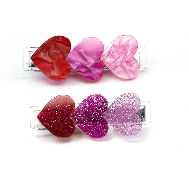 Hearts Glitter Pearlized Alligator Hair Clips, Pink & Red (Set Of 2)