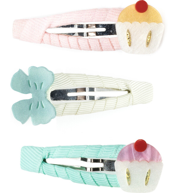 Cupcakes And Bow Pearlized Snap Clip, Multicolors (Set Of 3)