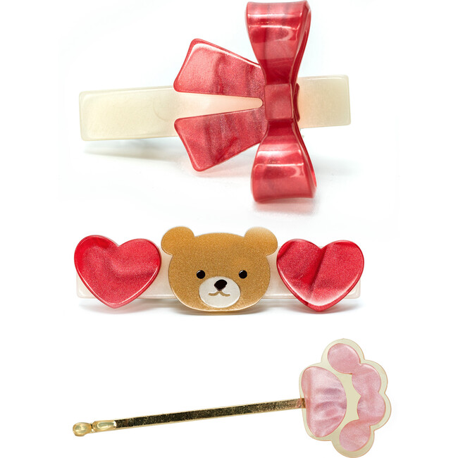 Bear Hearts & Bow Hair Clips Set, Red & Multicolors (Set Of 3)