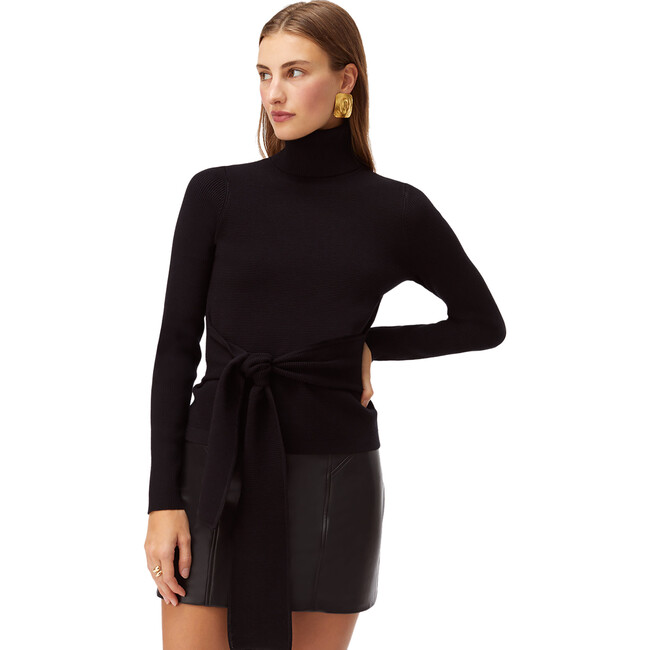 Women's Tie-Front Long Sleeve Turtleneck Sweater, Jet Black