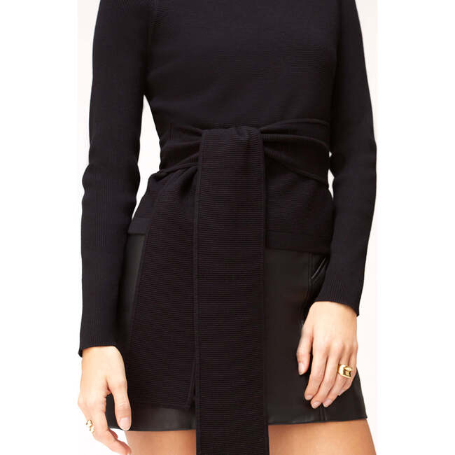 Women's Tie-Front Long Sleeve Turtleneck Sweater, Jet Black - Blouses - 4