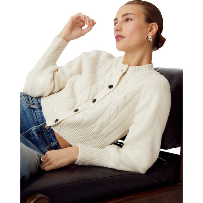 Women's Rita Ribbed Neck & Cuff Cropped Cardigan, Ivory - Cardigans - 4