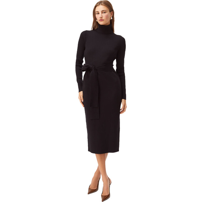 Women's Knit Tie-Front Long Sleeve Turtleneck Dress, Jet Black