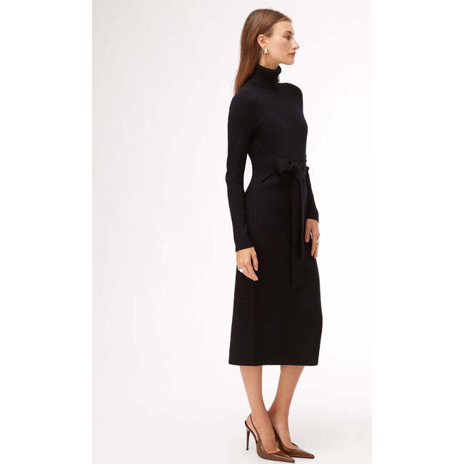 Women's Knit Tie-Front Long Sleeve Turtleneck Dress, Jet Black - Dresses - 2