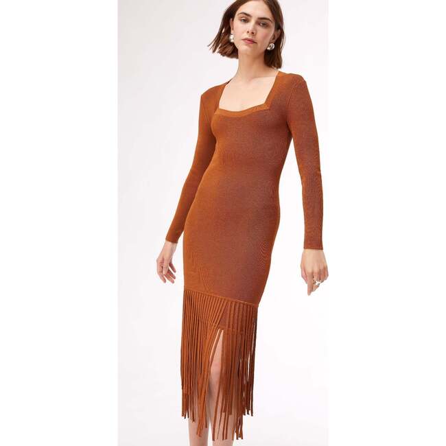 Women's Mila Long Sleeve Fringe Midi Dress, Bronze - Dresses - 4