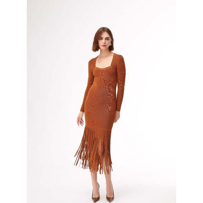 Women's Mila Long Sleeve Fringe Midi Dress, Bronze - Dresses - 6