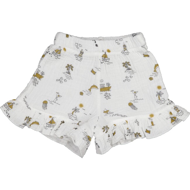All-Over Sea Theme Print Ruffle Hem Shorts, White And Gold