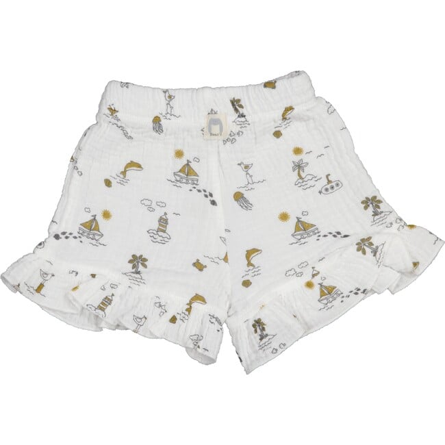 All-Over Sea Theme Print Ruffle Hem Shorts, White And Gold - Shorts - 2