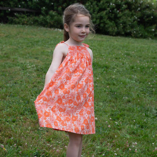 Girls Smocked Strap Dress, Ditsy Orange Floral - Dresses - 2