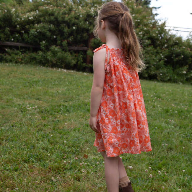 Girls Smocked Strap Dress, Ditsy Orange Floral - Dresses - 3