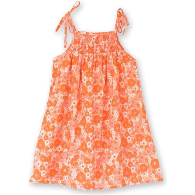 Girls Smocked Strap Dress, Ditsy Orange Floral - Dresses - 6